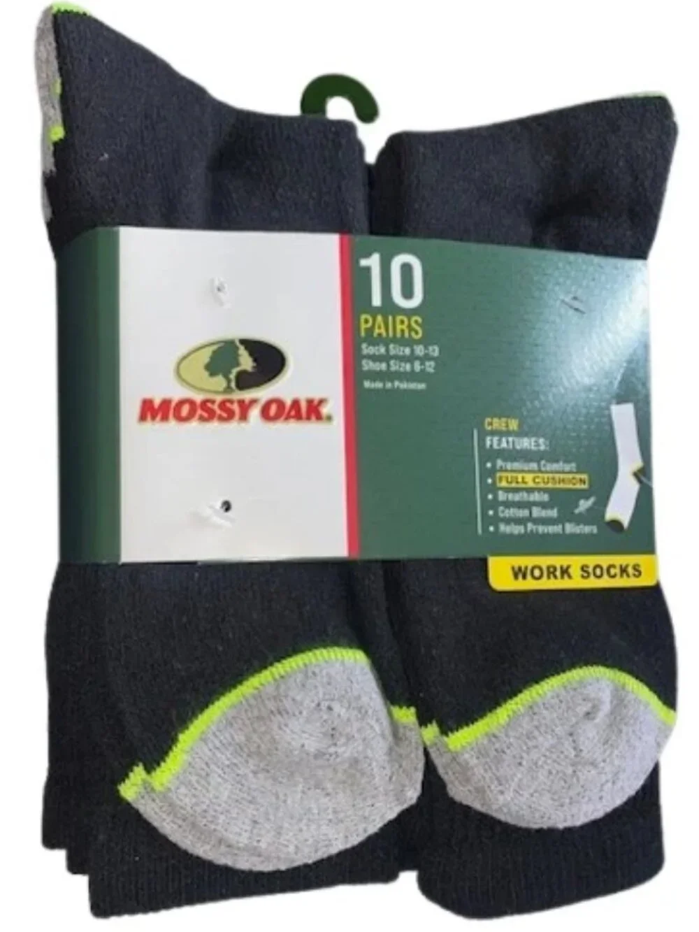 Mossy Oak 10 Pair Men's Work Socks, Black Crew Socks Full Cushion, Cotton Blend
